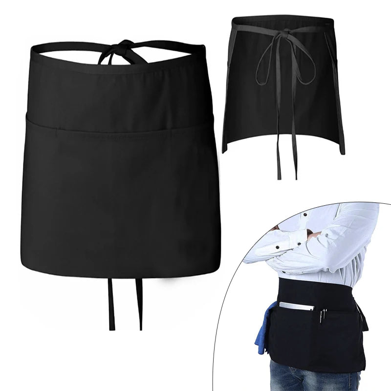 Fashion Waiter's Half Length Apron Black Short With Pockets  Waitress Coffee Tea Shop Cafe Cooking Kitchen Men Women Work Aprons
