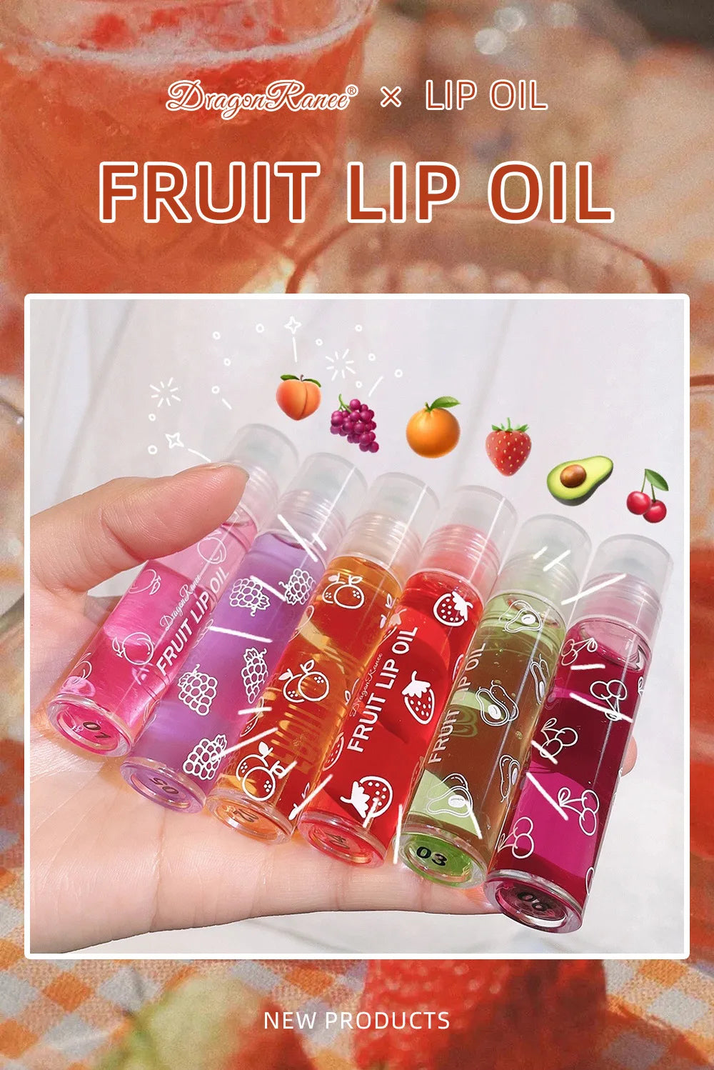 Fruit Lip Oil, Daily Base, Water-Glossy Mirror Finish, Enhances Complexion, Lip Gloss, Moisturizing, Long-Lasting, Waterproof, Versatile Lip Oil