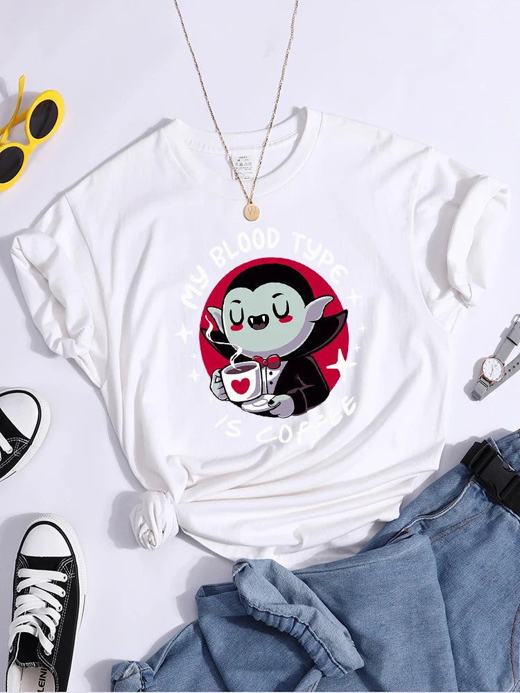 Vampire My Blood Type Is Coffee Print Tshirt Original Sport Tshirts Casual Loose Tshirt Niche Comfortable  Women Tshirt