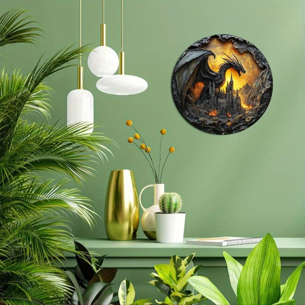 2D Round Wooden Plane Sign Art Dark Dragon Decorative Plates Entrance Gift Drangon Theme for Bar Club Home Room Wall Decor