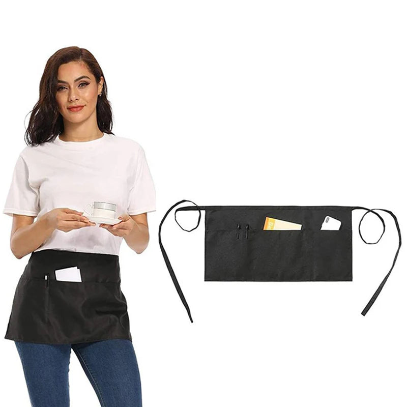 Fashion Waiter's Half Length Apron Black Short With Pockets  Waitress Coffee Tea Shop Cafe Cooking Kitchen Men Women Work Aprons