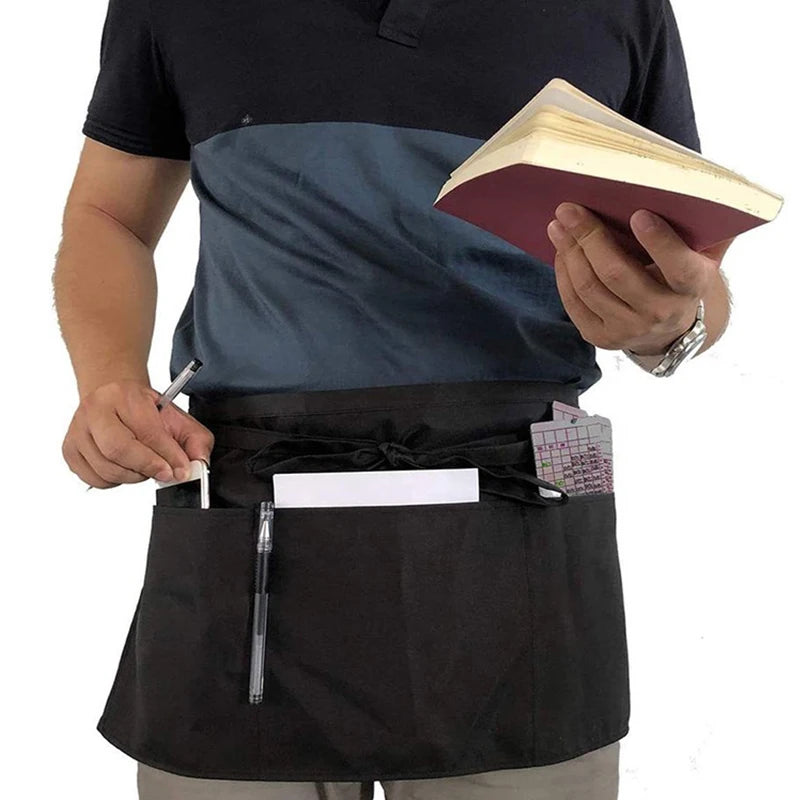 Fashion Waiter's Half Length Apron Black Short With Pockets  Waitress Coffee Tea Shop Cafe Cooking Kitchen Men Women Work Aprons