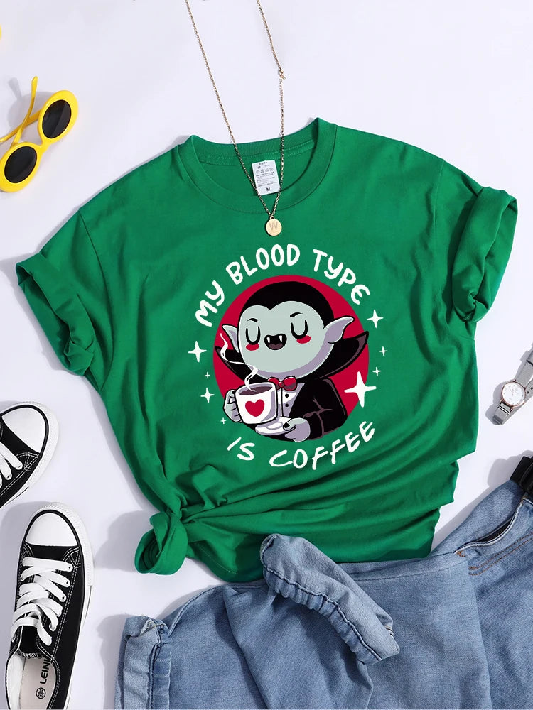 Vampire My Blood Type Is Coffee Print Tshirt Original Sport Tshirts Casual Loose Tshirt Niche Comfortable  Women Tshirt