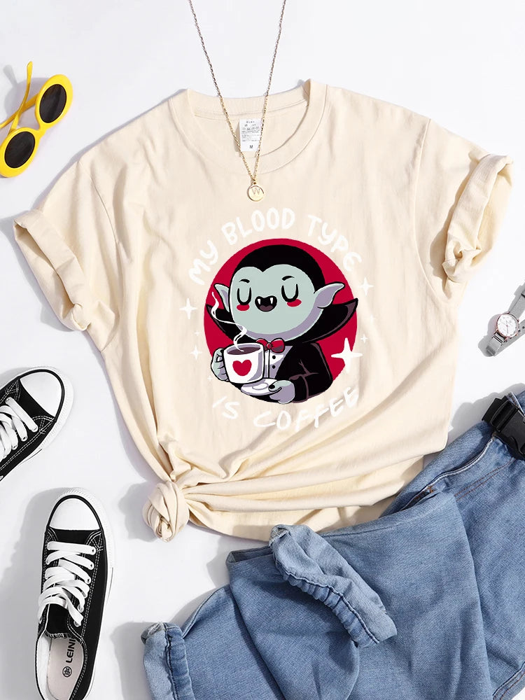 Vampire My Blood Type Is Coffee Print Tshirt Original Sport Tshirts Casual Loose Tshirt Niche Comfortable  Women Tshirt