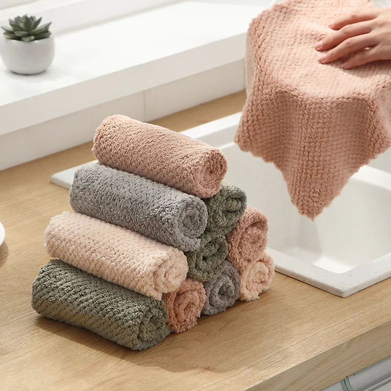 Plush Plaid Coral Fleece Cleaning Cloth, Thickened Absorbent Microfiber Dishcloth, Household Cleaning Oil Stain Remover Kitchen Rag