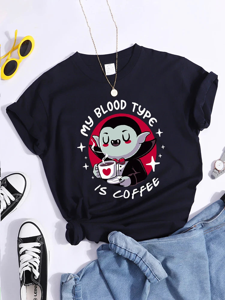 Vampire My Blood Type Is Coffee Print Tshirt Original Sport Tshirts Casual Loose Tshirt Niche Comfortable  Women Tshirt