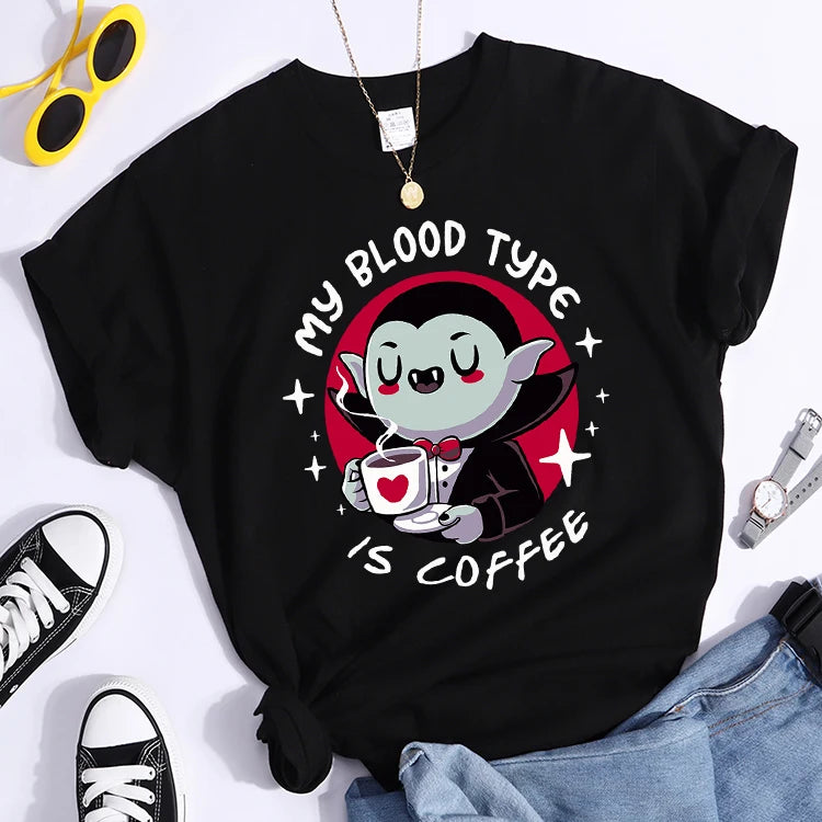 Vampire My Blood Type Is Coffee Print Tshirt Original Sport Tshirts Casual Loose Tshirt Niche Comfortable  Women Tshirt