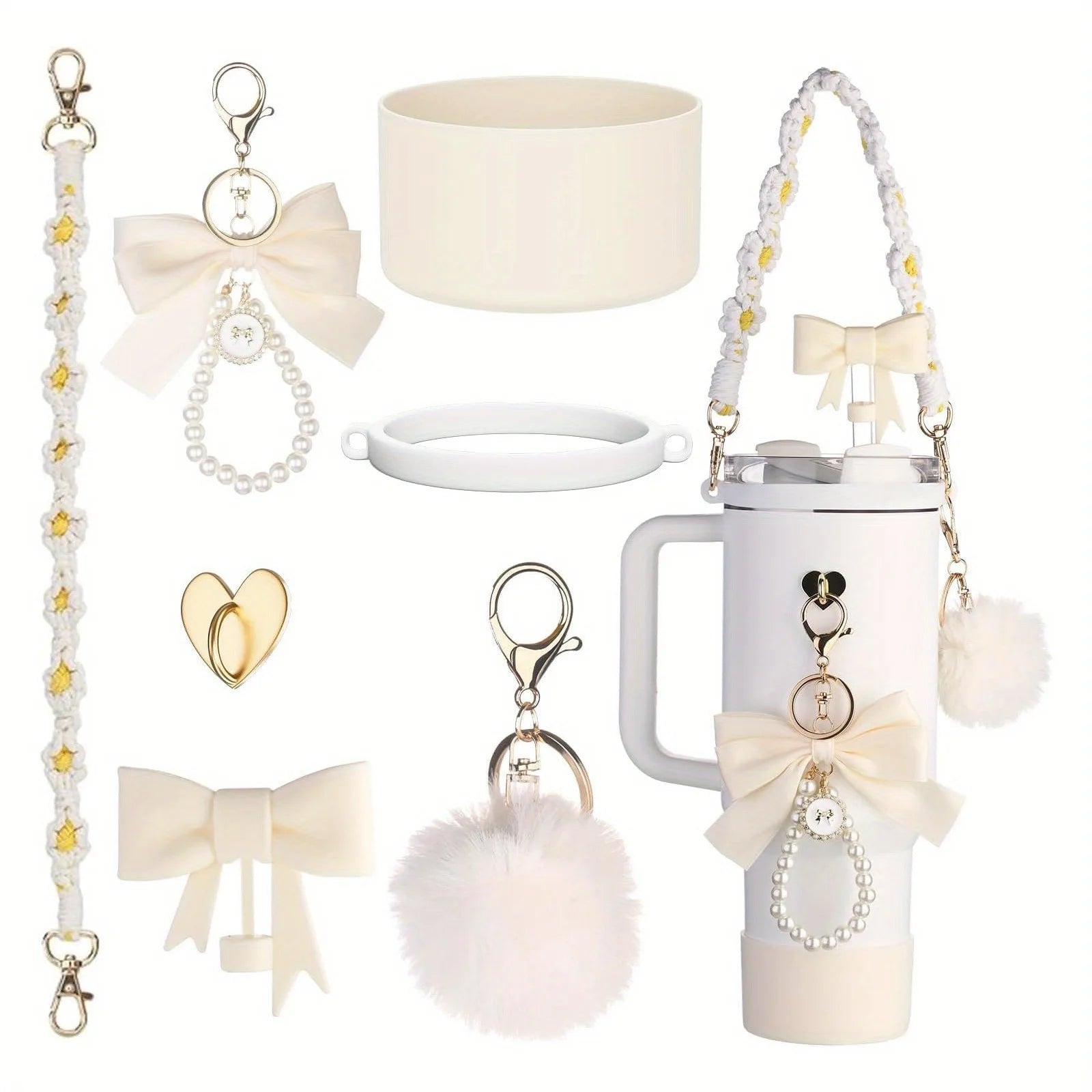 8pcs/lot straw cap case Charm chain pendant Accessories hairball Keychain Handle for Stanley cup bottle Tumbler for Women