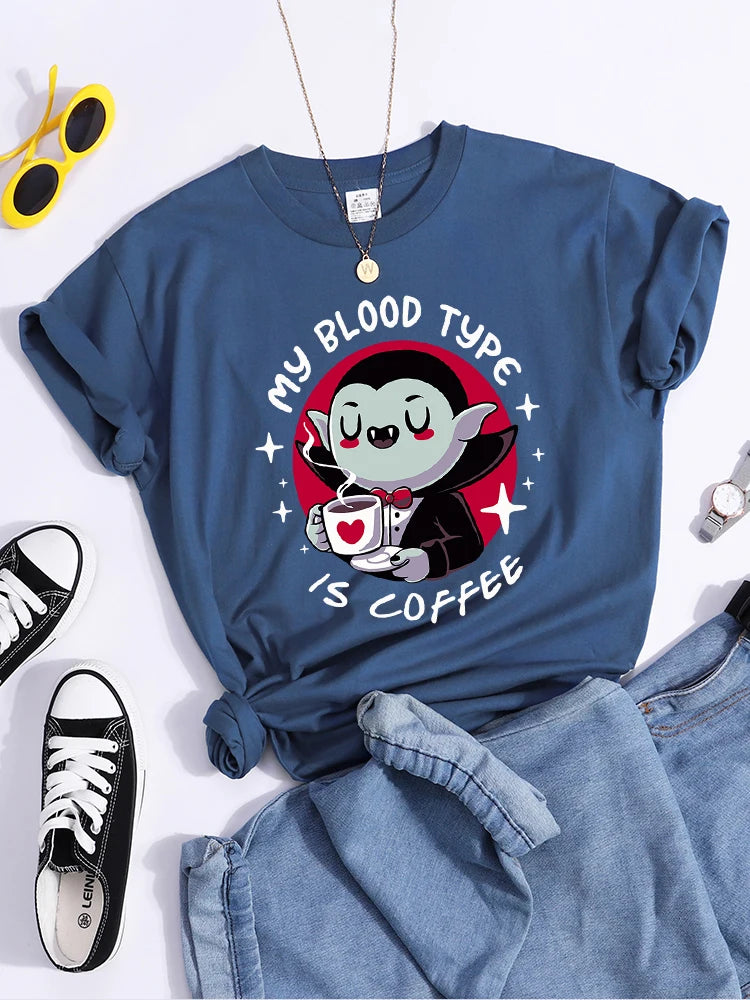 Vampire My Blood Type Is Coffee Print Tshirt Original Sport Tshirts Casual Loose Tshirt Niche Comfortable  Women Tshirt