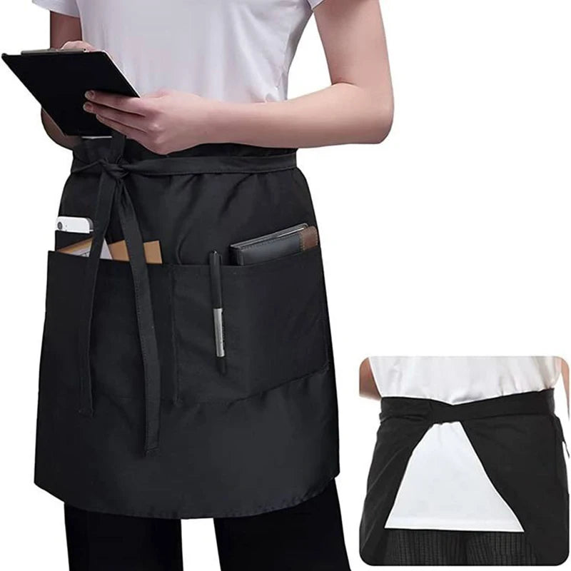 Fashion Waiter's Half Length Apron Black Short With Pockets  Waitress Coffee Tea Shop Cafe Cooking Kitchen Men Women Work Aprons