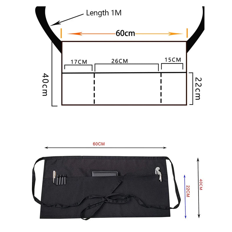 Fashion Waiter's Half Length Apron Black Short With Pockets  Waitress Coffee Tea Shop Cafe Cooking Kitchen Men Women Work Aprons