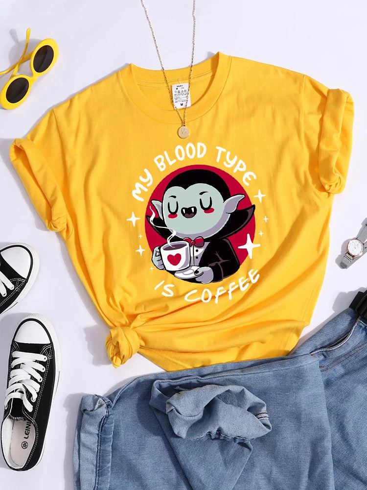 Vampire My Blood Type Is Coffee Print Tshirt Original Sport Tshirts Casual Loose Tshirt Niche Comfortable  Women Tshirt