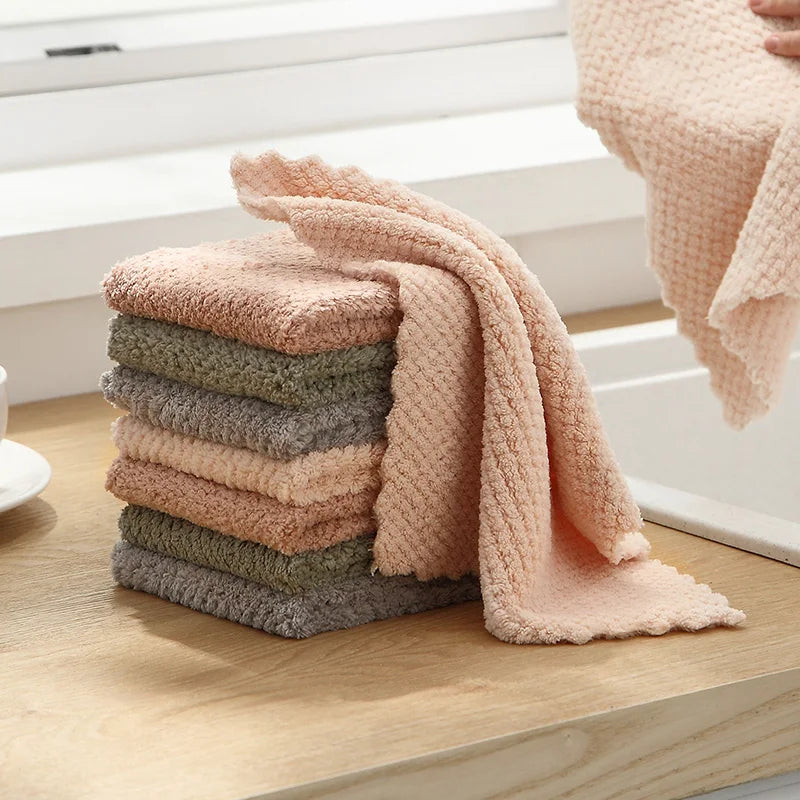Plush Plaid Coral Fleece Cleaning Cloth, Thickened Absorbent Microfiber Dishcloth, Household Cleaning Oil Stain Remover Kitchen Rag