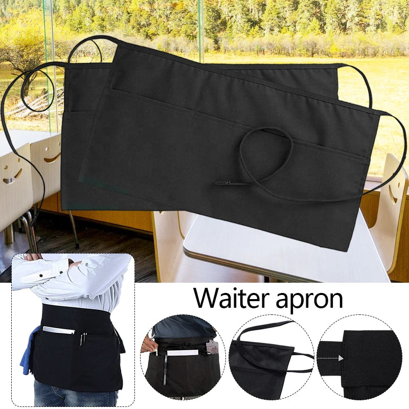 Fashion Waiter's Half Length Apron Black Short With Pockets  Waitress Coffee Tea Shop Cafe Cooking Kitchen Men Women Work Aprons