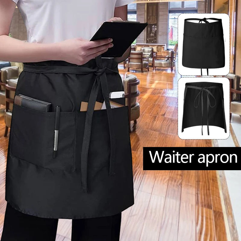 Fashion Waiter's Half Length Apron Black Short With Pockets  Waitress Coffee Tea Shop Cafe Cooking Kitchen Men Women Work Aprons