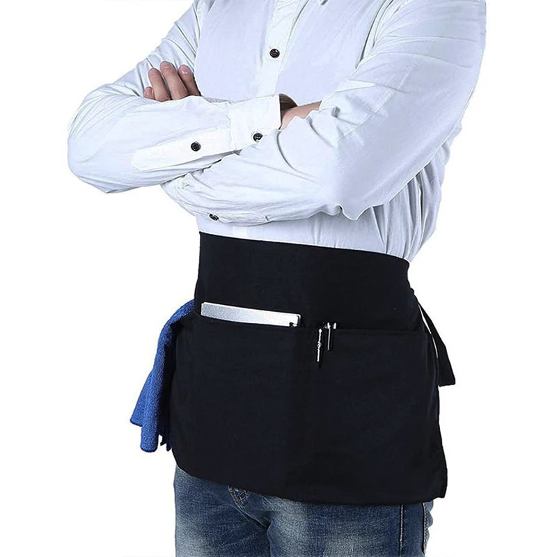 Fashion Waiter's Half Length Apron Black Short With Pockets  Waitress Coffee Tea Shop Cafe Cooking Kitchen Men Women Work Aprons