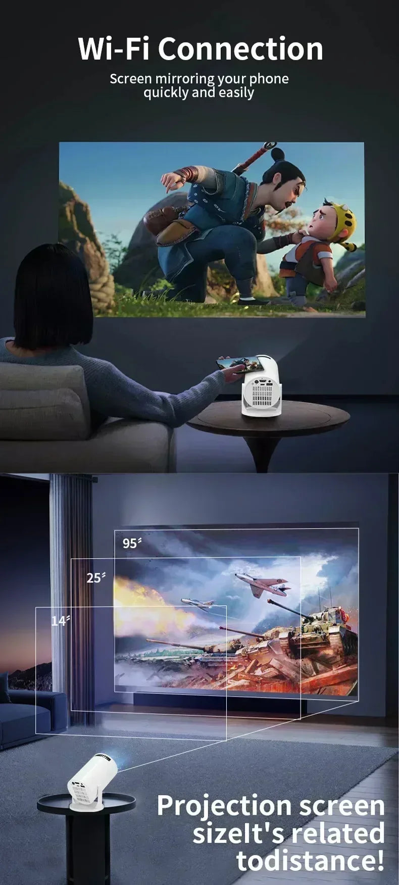 1080P 1280720P Cinema HY300 New Projector 4K Android 11 Wifi6 290ANSI Allwinner H713 BT50 Outdoor Portable Projectors