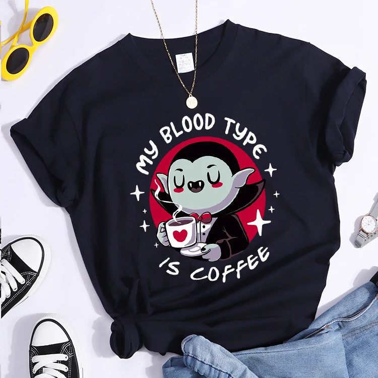 Vampire My Blood Type Is Coffee Print Tshirt Original Sport Tshirts Casual Loose Tshirt Niche Comfortable  Women Tshirt