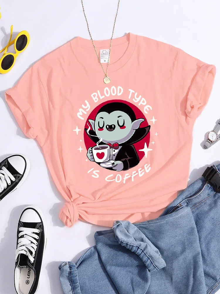 Vampire My Blood Type Is Coffee Print Tshirt Original Sport Tshirts Casual Loose Tshirt Niche Comfortable  Women Tshirt