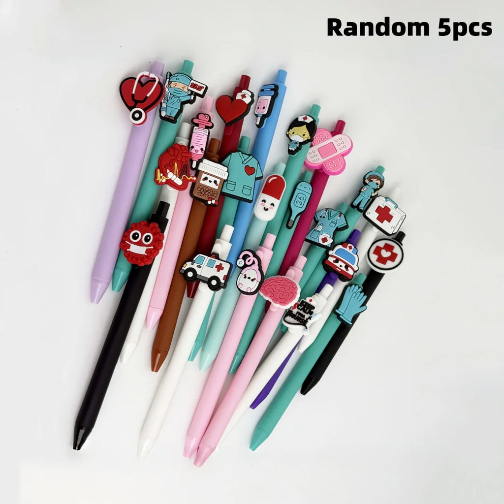 5 Pieces of Medical-Themed Cartoon Gel Pens, Featuring Novel and Unique Designs with Medical-Related Elements as Pen Decorations, Combining Both Fun and Professional Characteristics, Can Meet the Personalized Writing Needs